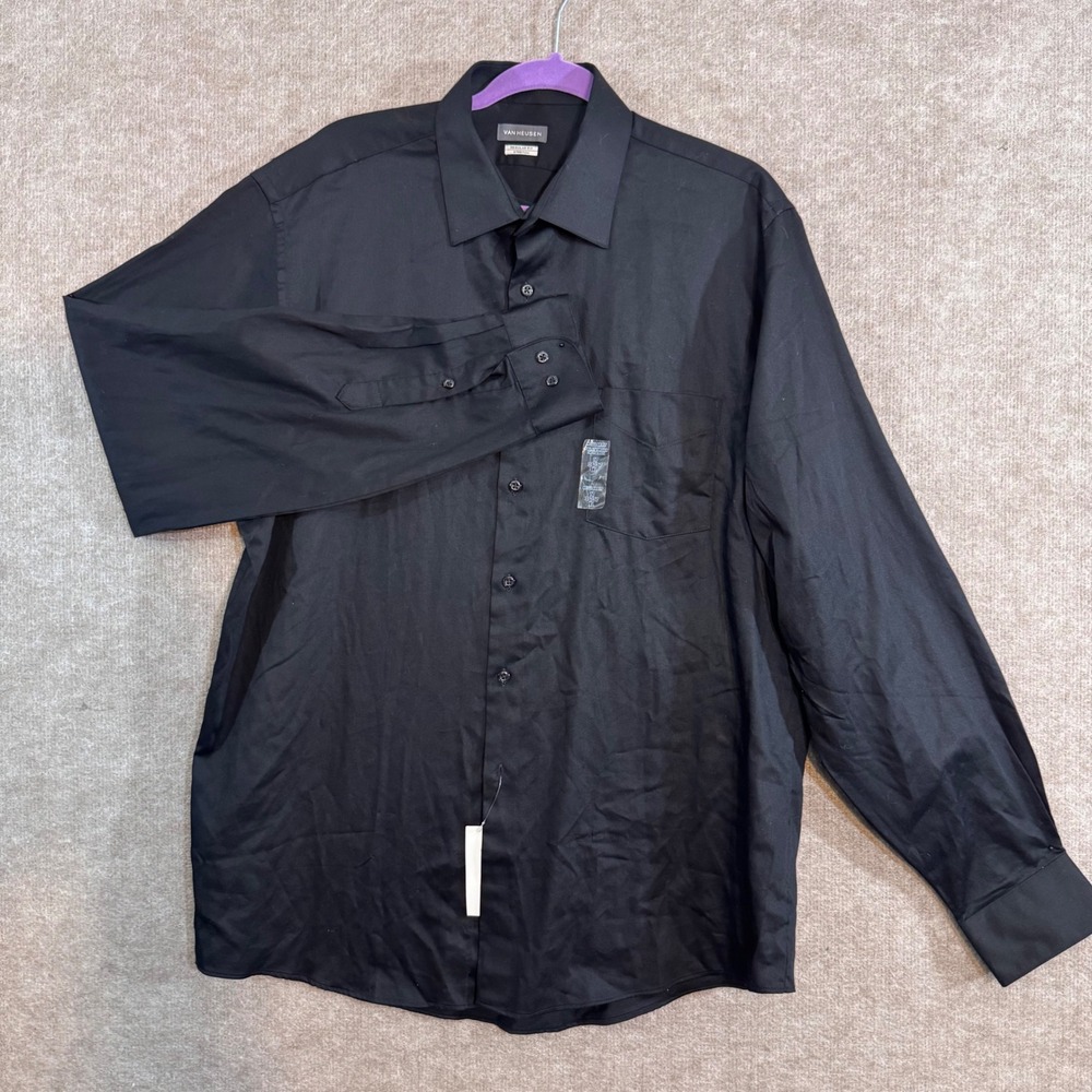 Van Heusen Dress Shirt Mens XL 17 36/37 Black Regular Fit Stretch Long Sleeve